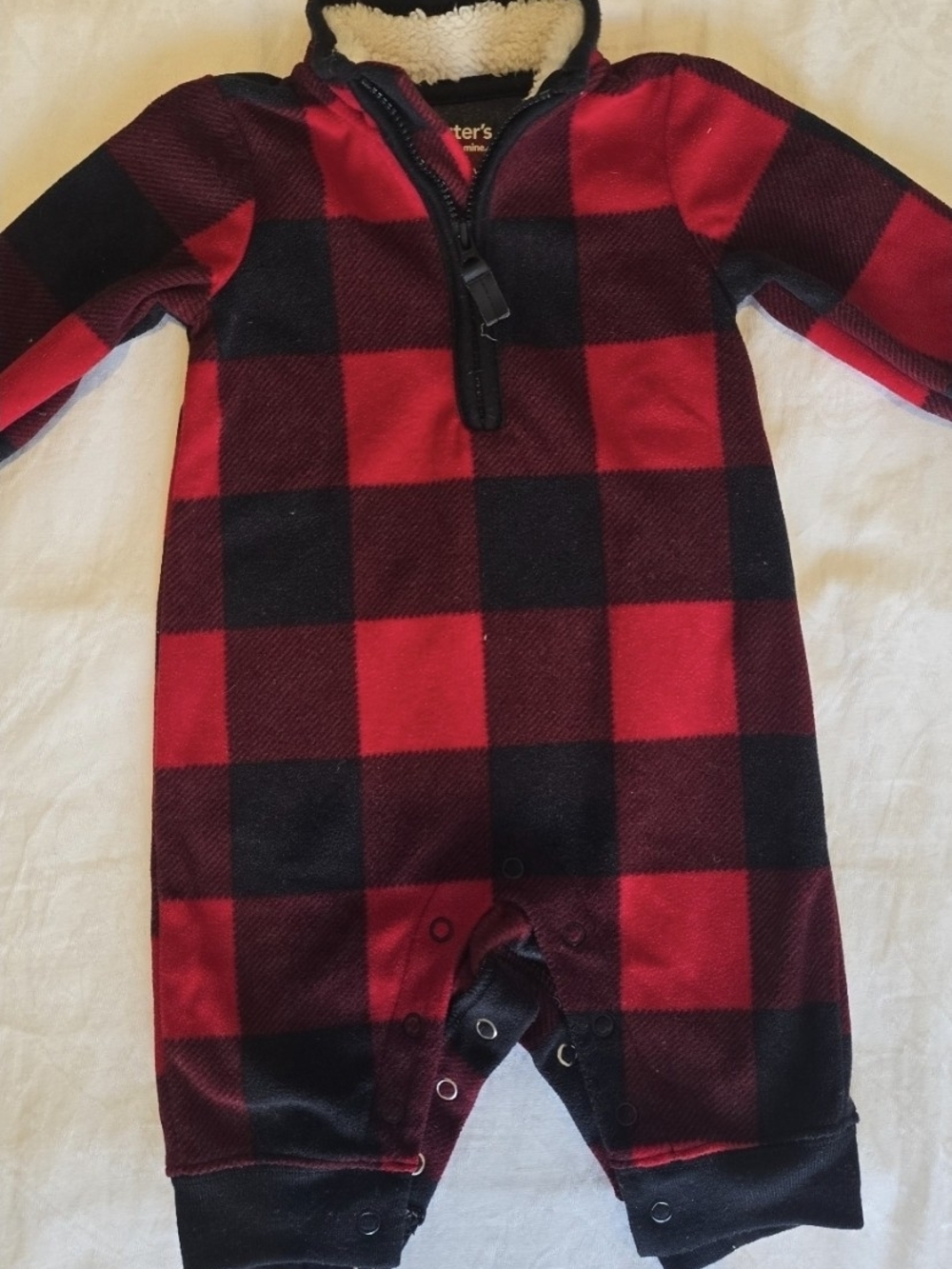 Carter's Red and Black Buffalo Plaid Fleece One-Piece with Sherpa Collar